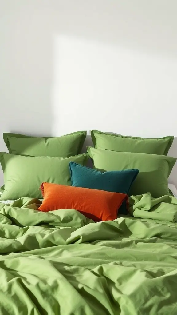 Green bedding with various accent pillows in blue and orange