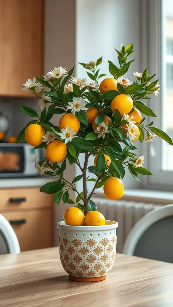 25 Must-Have Kitchen Plants for a Fresh and Green Home 17 A small orange tree with bright oranges and white blossoms in a decorative pot on a kitchen table.