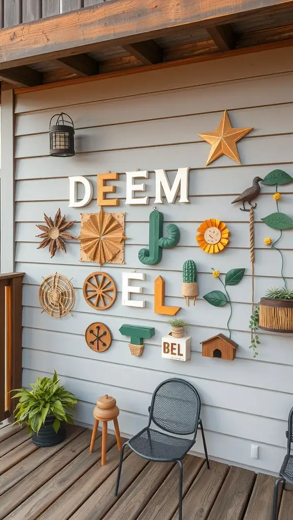 A decorative wall featuring various artistic elements like letters, flowers, and cacti on a deck.