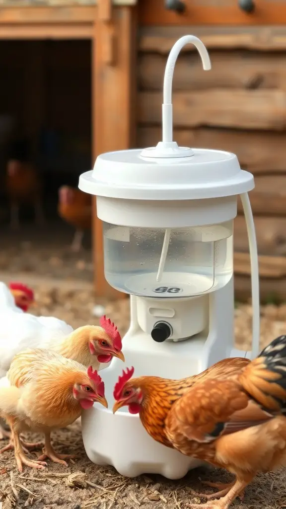 Chickens gathered around an automatic waterer with a float system.