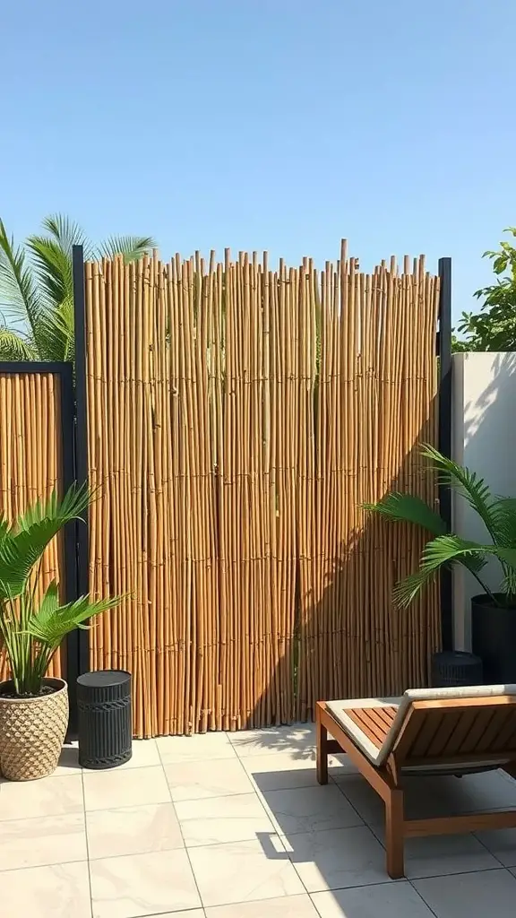 Bamboo privacy screen in an outdoor setting with a lounge chair and potted plants.