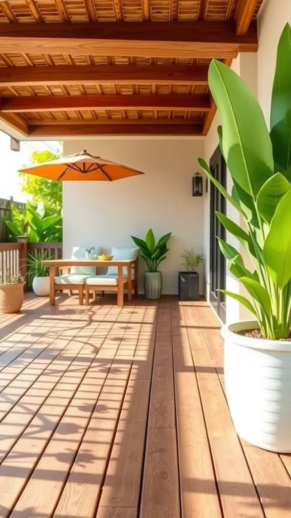 A beautifully designed deck with bamboo skirting and lush green plants, creating an inviting outdoor space.