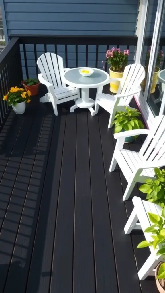 A black deck with white chairs and potted plants.