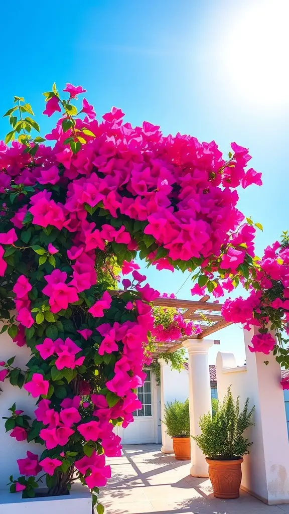 29 Stunning Landscaping Ideas for Full Sun Gardens 24 A trellis adorned with bright pink bougainvillea flowers under a clear blue sky.