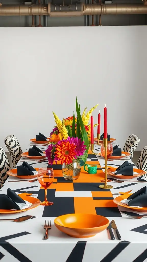 A summer tablescape featuring bold geometric patterns with orange, black, and white designs, vibrant flowers, and red candles.