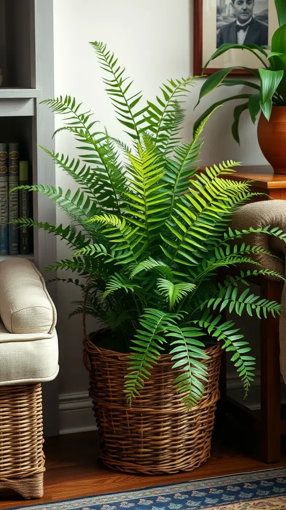 A Boston Fern in a vintage basket sitting in a living room corner next to a couch.