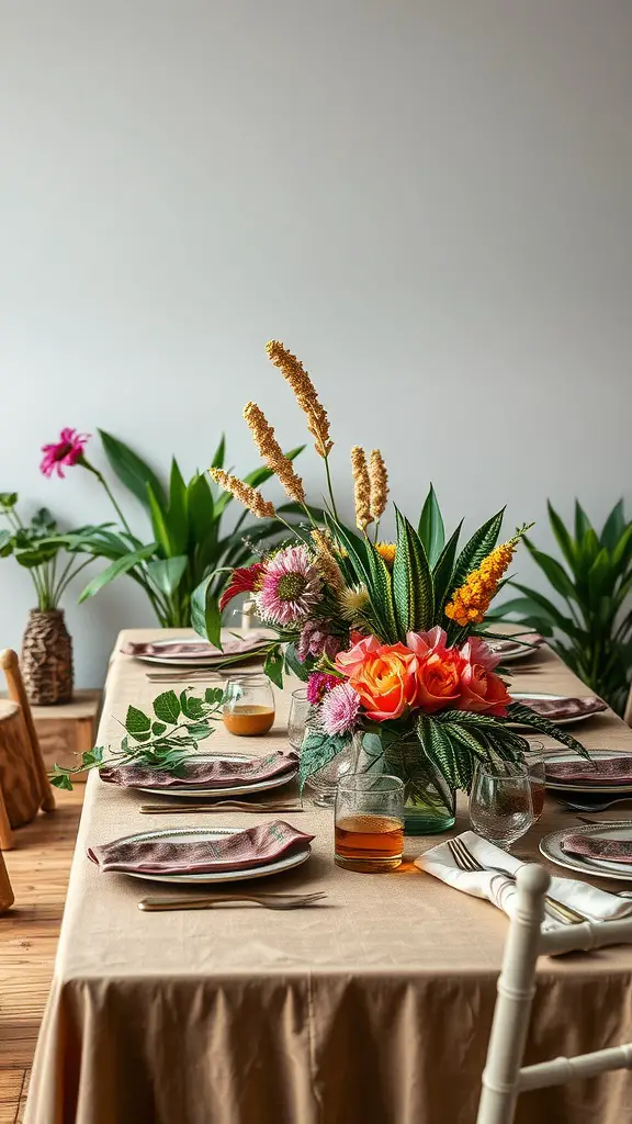 A summer tablescape featuring a vibrant floral centerpiece and elegant place settings.
