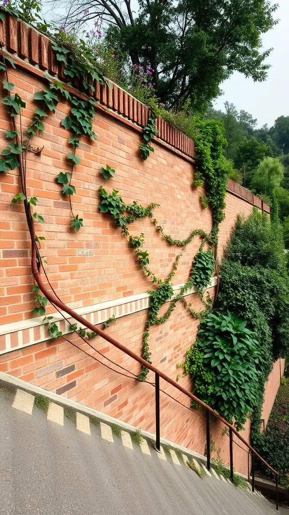 19 Stunning Retaining Wall Ideas for Hillside Landscaping 7 A vintage-style brick retaining wall adorned with climbing vines and greenery, set against a hillside.