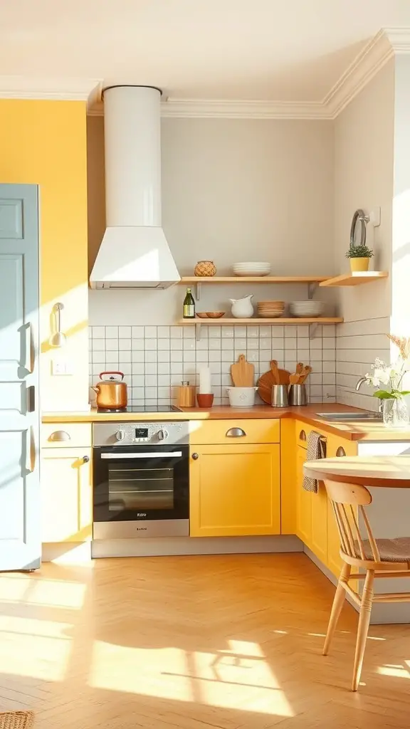 25 Stunning Scandinavian Kitchen Ideas for a Cozy Home 25 A bright kitchen with yellow cabinets, gray walls, and a light blue door, featuring modern appliances and wooden shelves.