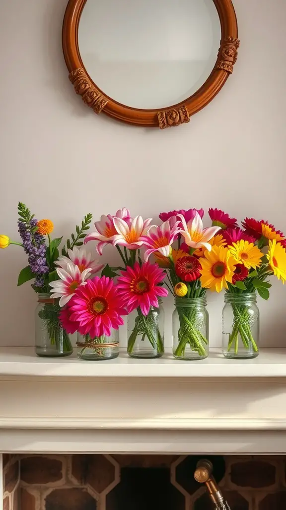 21 Easter Mantels Fireplaces That Will Wow Your Guests! 19 A mantel decorated with colorful spring flowers in glass jars