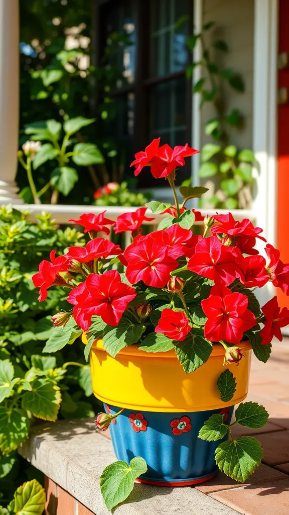 25 Creative Flower Pot Ideas for Mother's Day 15 A vibrant pot of red geraniums with yellow and blue pot on a porch