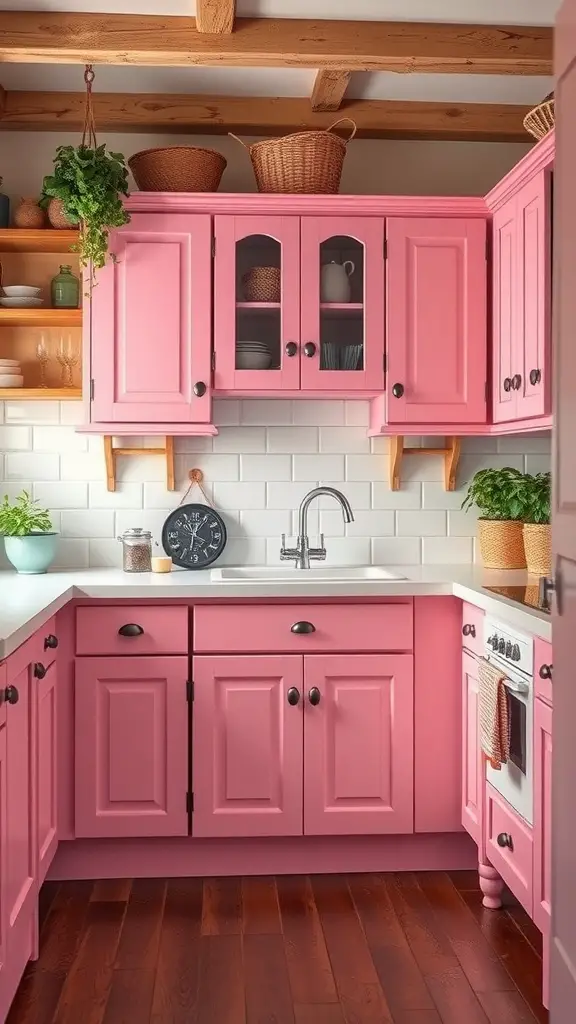 A bright pink cottage-style kitchen featuring pink cabinets, wooden shelves, and decorative plants.