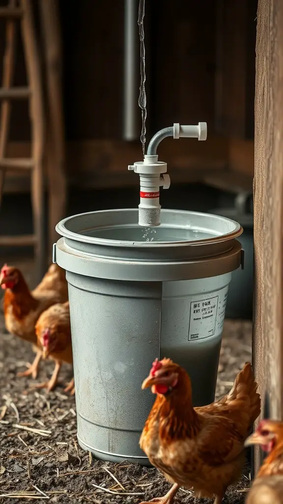 A bucket with a float valve for chicken watering, surrounded by chickens in a rustic setting.