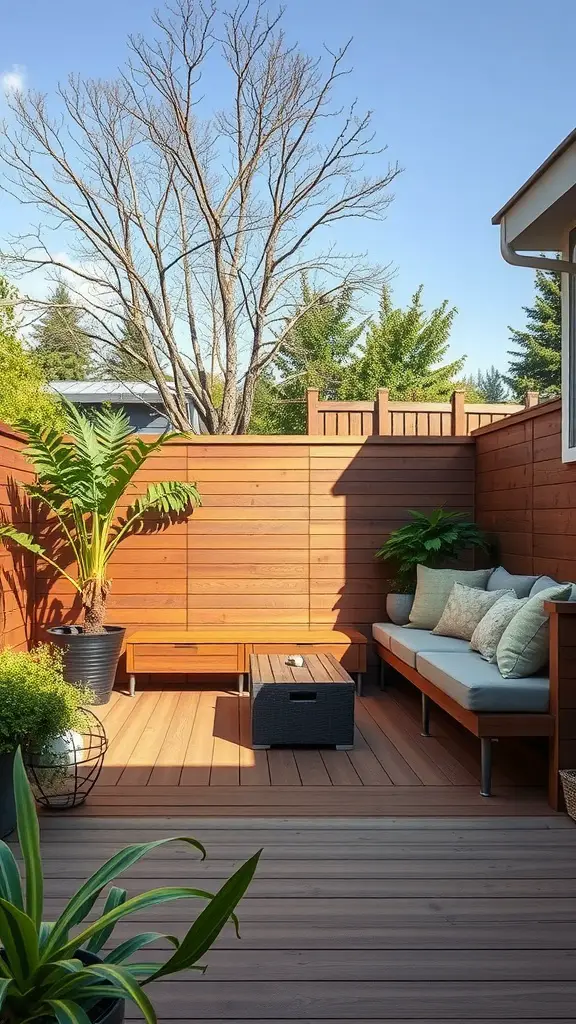 A cozy outdoor deck with built-in seating and storage, surrounded by plants.