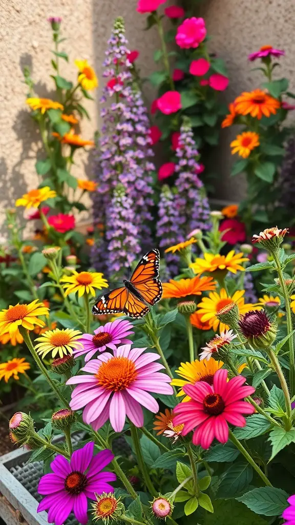 Vibrant butterfly-friendly garden with colorful flowers and a butterfly