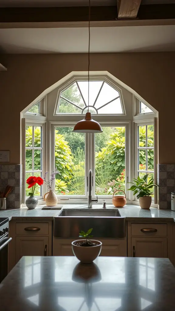 A kitchen with an octagonal window showcasing a lush garden view, with potted plants and a modern sink