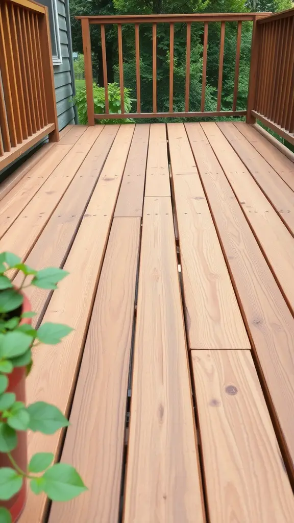 A wooden deck made of cedar planks, showcasing a natural finish and a surrounding green environment.