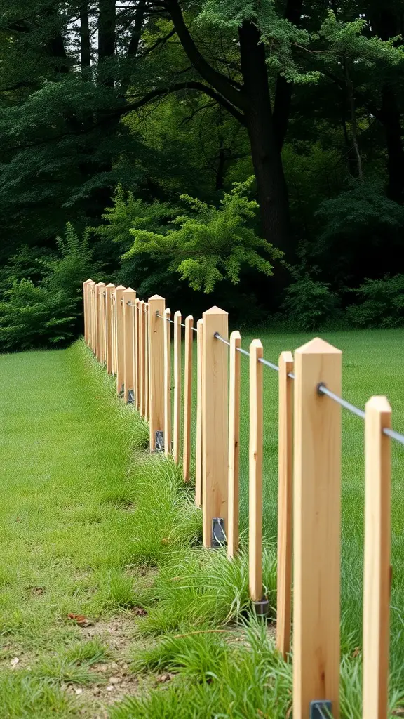 A cedar stake fence lined along a grassy area, surrounded by trees.