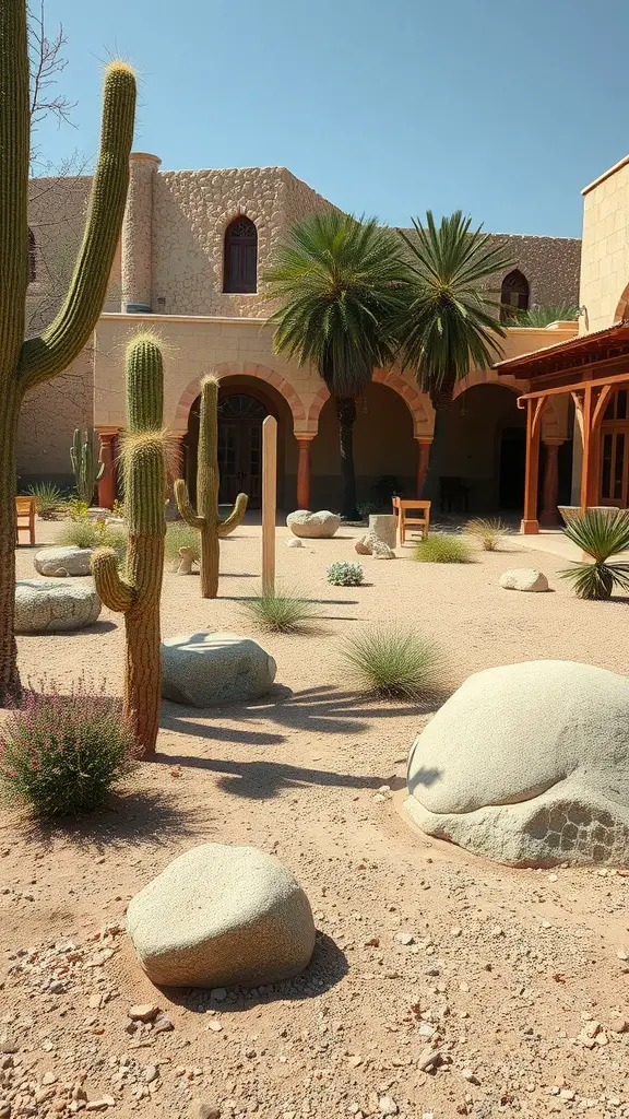 27 Stunning Ideas for Your Desert Garden Oasis 29 A desert garden featuring cacti, rocks, and traditional architecture in the background.