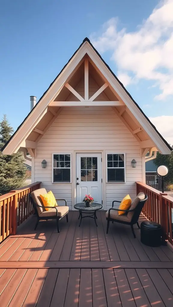 A charming A-frame roof structure with a cozy deck and comfortable seating