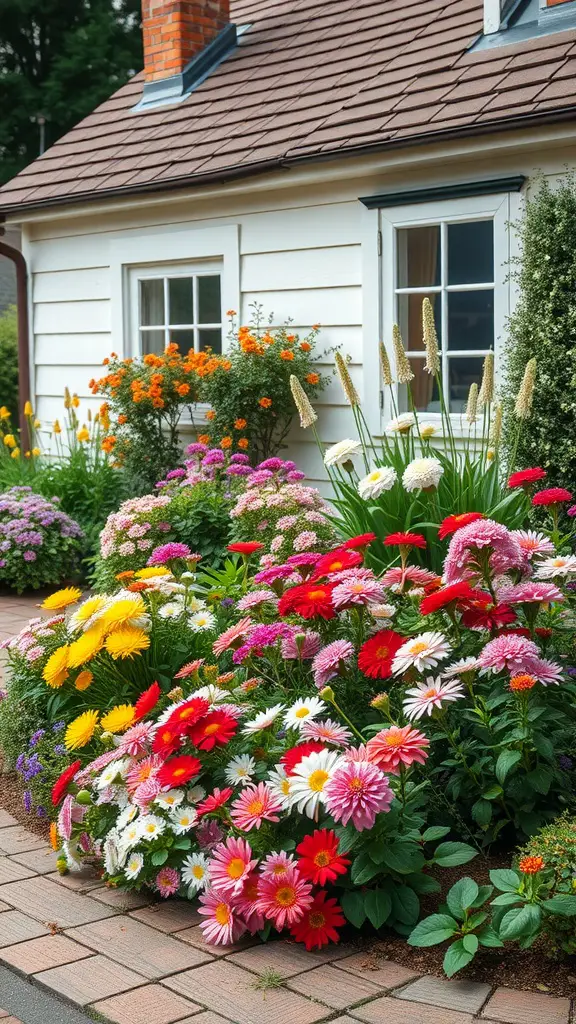 A colorful flower bed in front of a charming cottage with various blooming flowers.