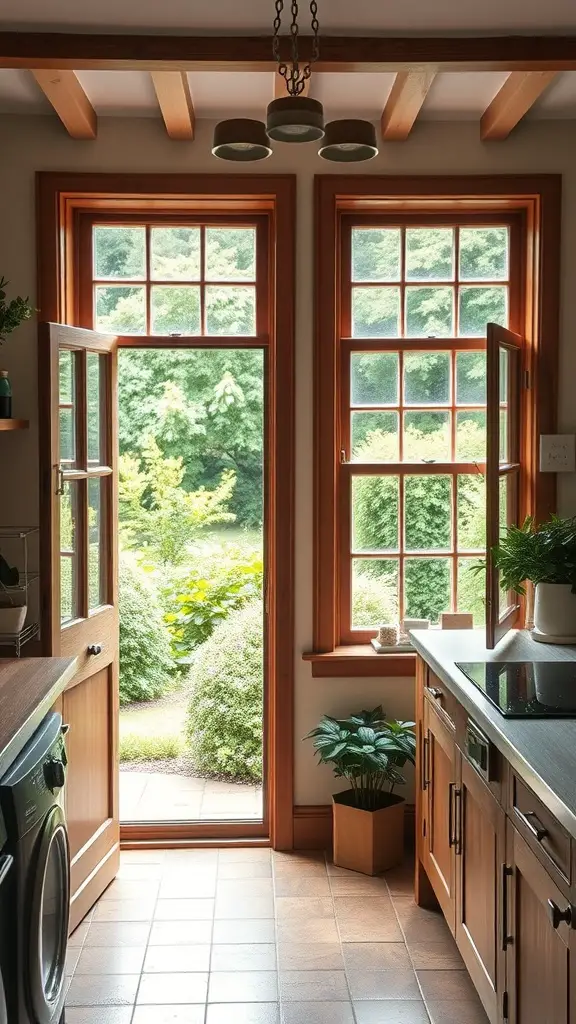 Charming cottage kitchen with casement windows opening to a beautiful garden view.