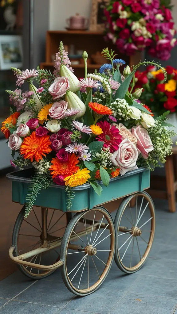 25 Beautiful Cut Flower Garden Ideas to Brighten Your Home 25 A vintage cart filled with colorful flowers, showcasing a variety of blooms including roses and daisies.