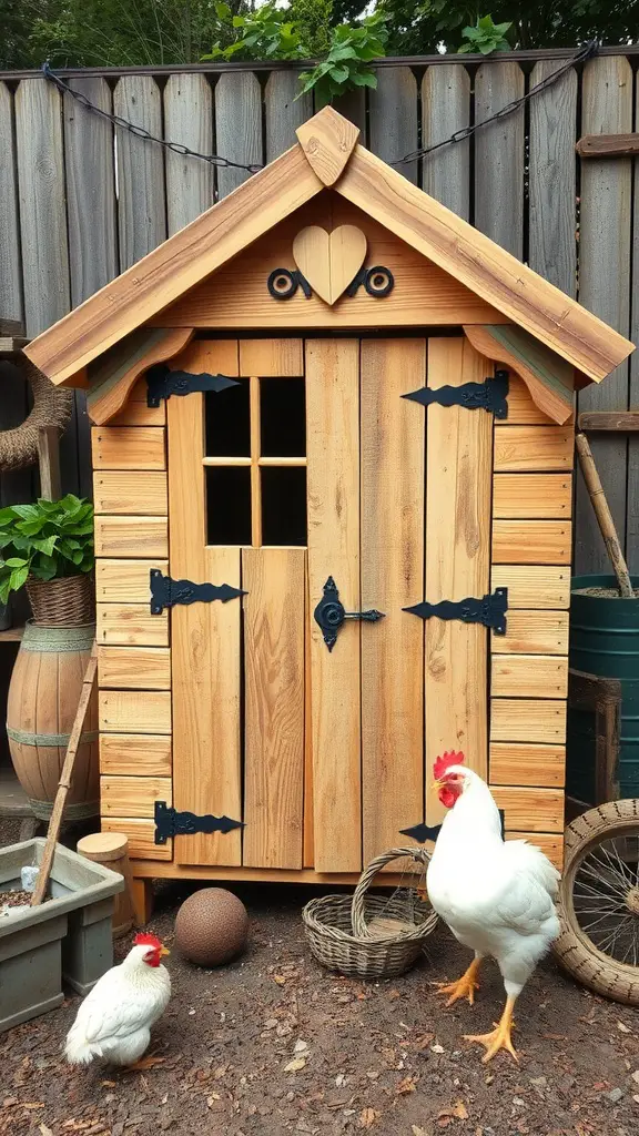 A charming vintage pallet chicken coop with a wooden design, heart detail, and chickens outside