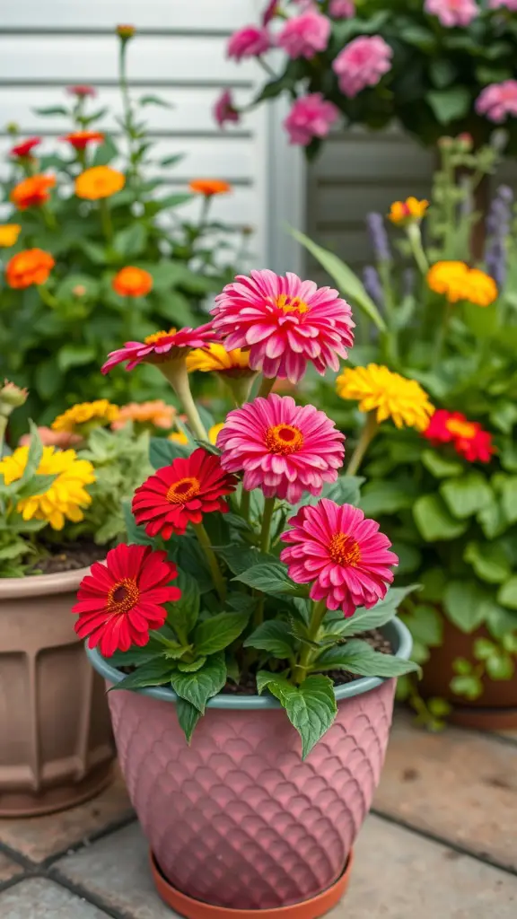 Vibrant zinnias in pink and red pots, surrounded by other colorful flowers on a patio.