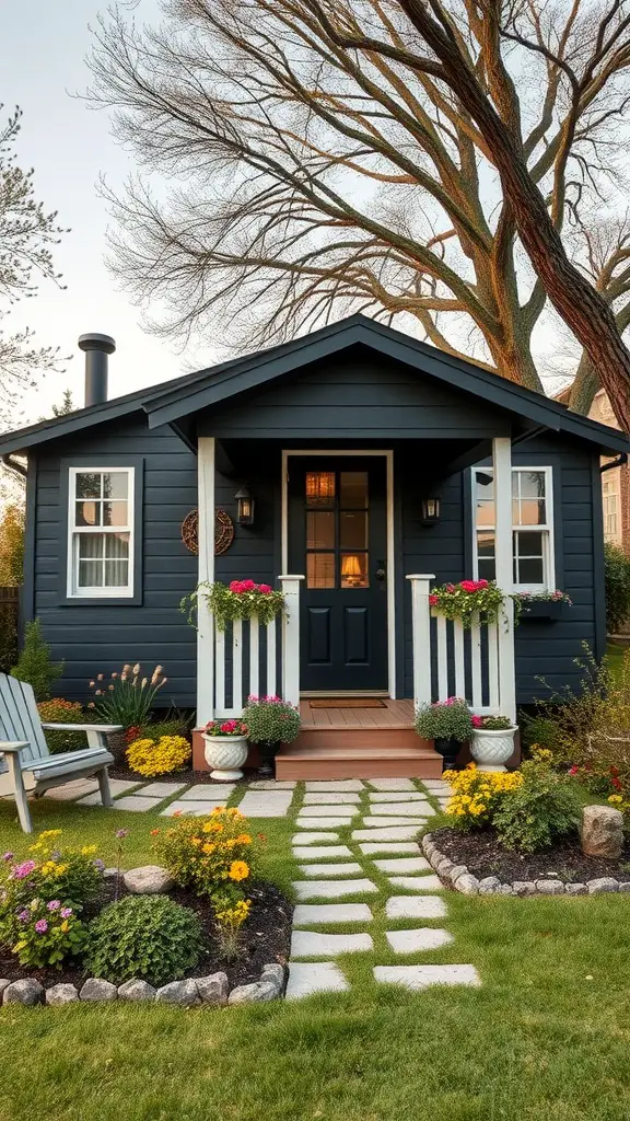 17 Black Mobile Home Exterior Ideas You’ll Want to Copy Now! 9 A chic black mobile home with flower pots on the porch and a stone pathway surrounded by greenery.