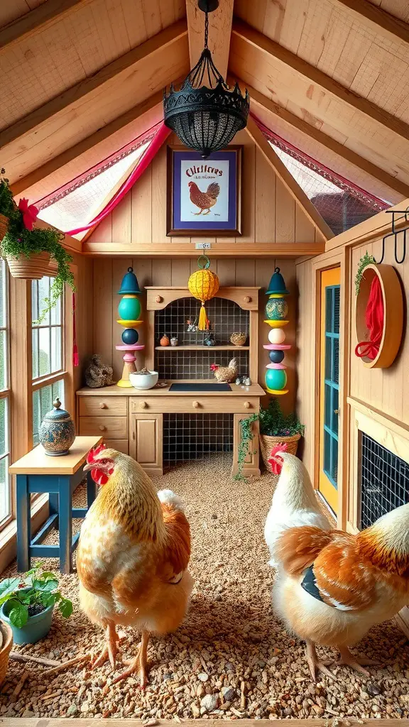 Interior view of a cozy chicken coop with colorful decor and two chickens
