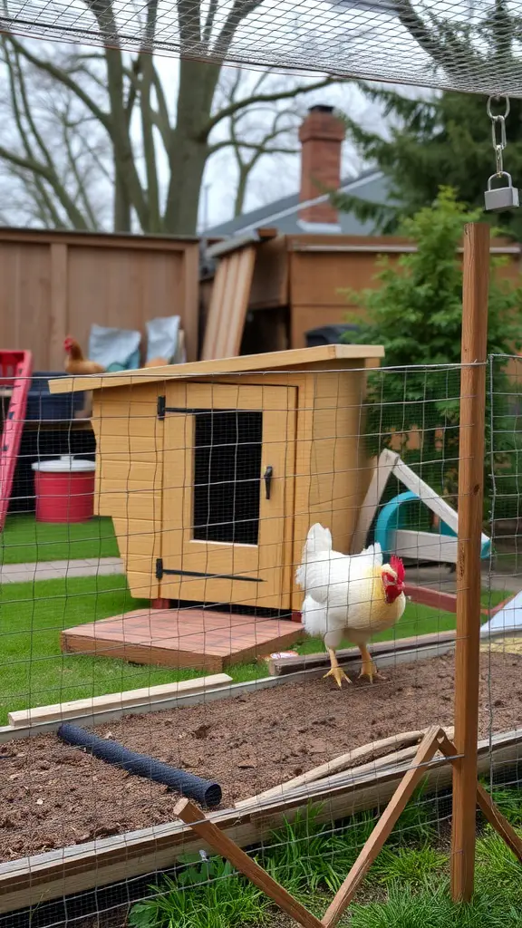 A chicken in a fenced area by a wooden coop