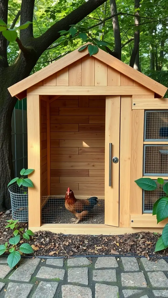 A forest-themed chicken coop made of natural wood with a chicken inside