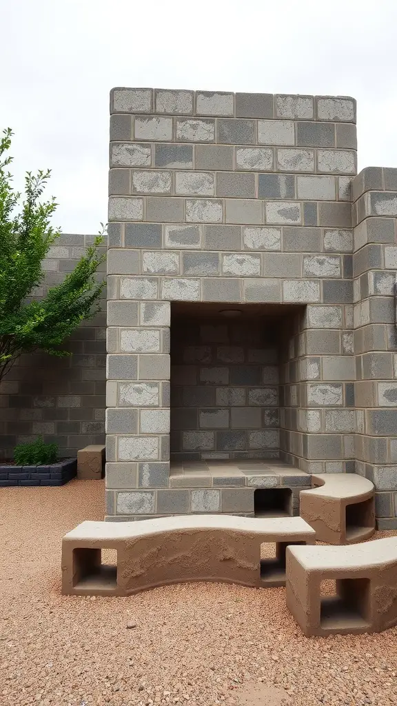 Cinder block play area with a sturdy structure and surrounding greenery