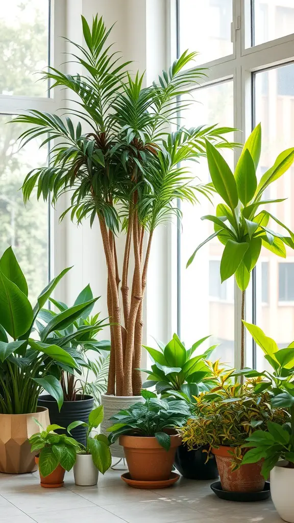 A collection of various indoor plants arranged near large windows, showcasing their vibrant green leaves and different pot designs.