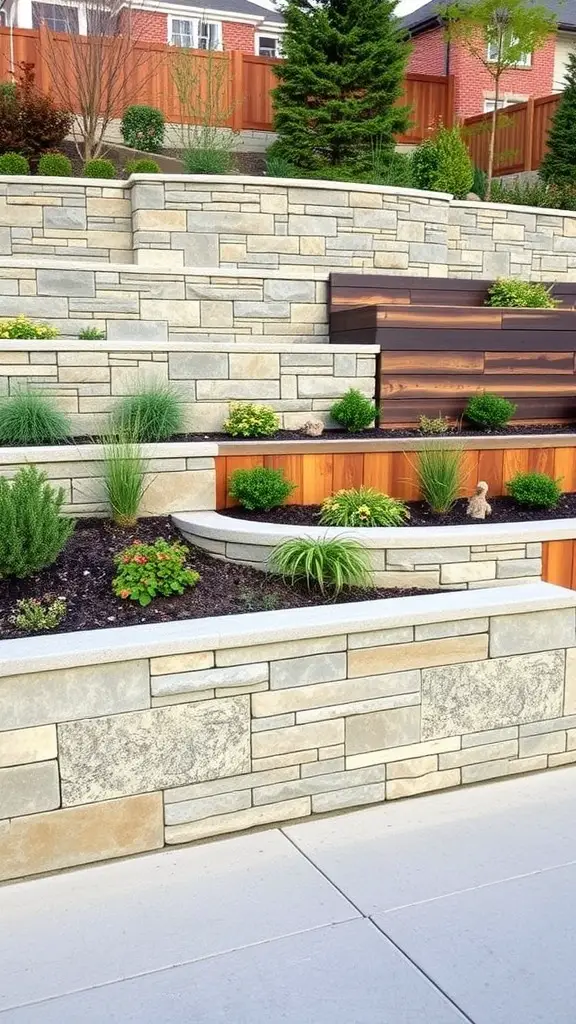 A landscaped retaining wall in front of a house featuring a combination of stone and wooden elements with various plants.