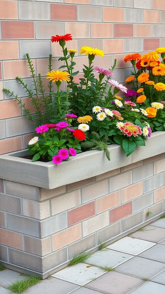 Cinder block fence with vibrant flowers in planters
