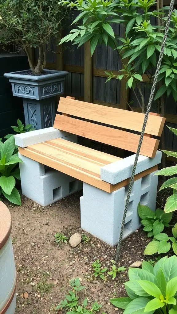 Cinder block garden bench with wooden seating in a lush garden setting