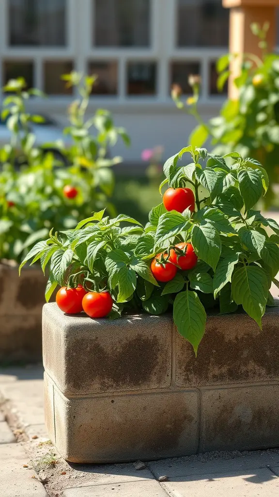 Cinder block planter with ripe tomatoes and green leaves