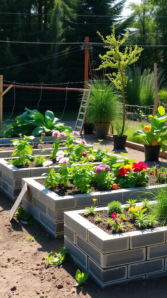 Cinder block raised garden beds filled with colorful flowers and greenery in a sunny garden setting.