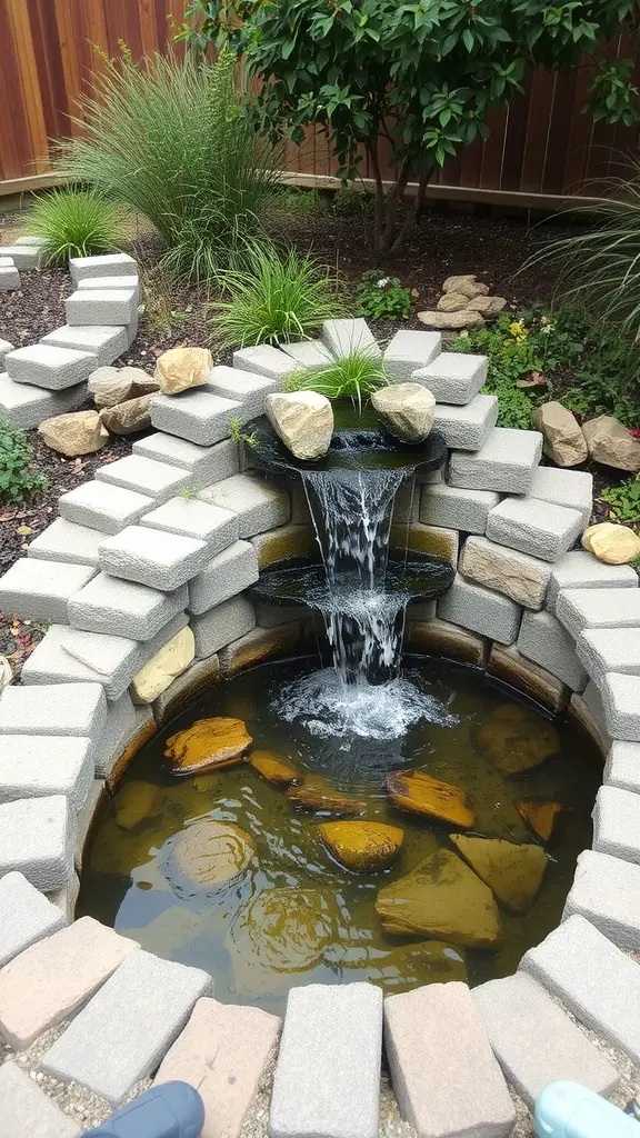 A circular cinder block water feature with a small waterfall and pond surrounded by rocks and plants.