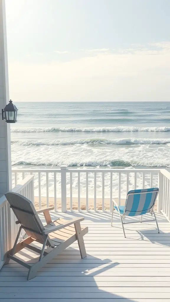 A serene deck overlooking the ocean with two chairs, reflecting a coastal vibe