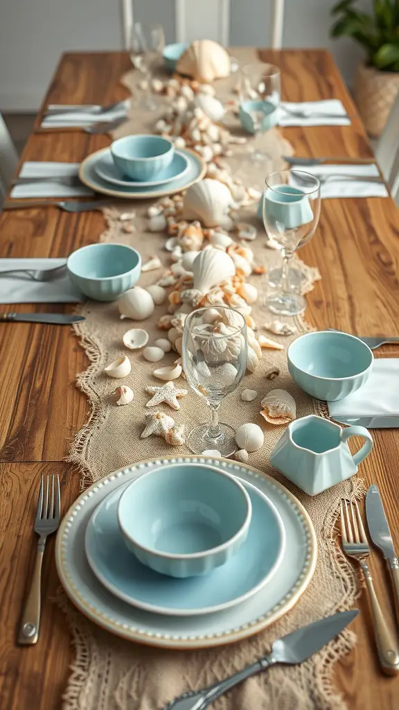 Coastal Breeze tablescape featuring blue dishes, seashells, and a burlap runner on a wooden dining table.