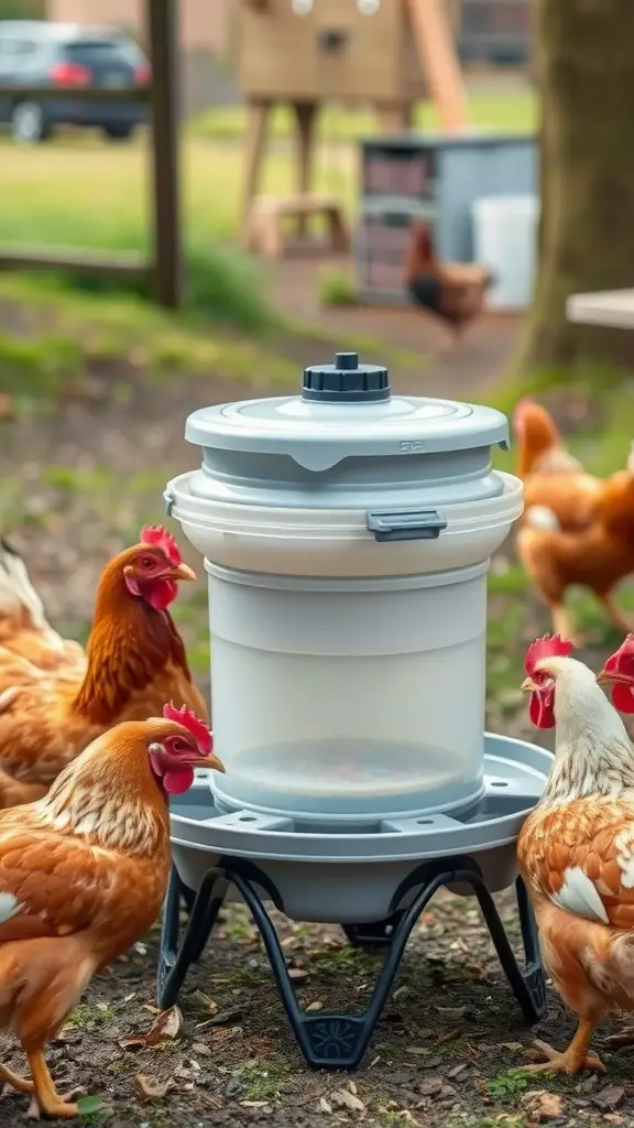 Collapsible chicken waterer surrounded by chickens in a yard.