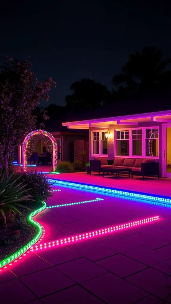Color-changing LED strips illuminate an outdoor patio with vibrant colors.