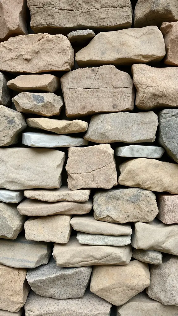 A close-up view of a retaining wall made of various stones showing different colors and textures.
