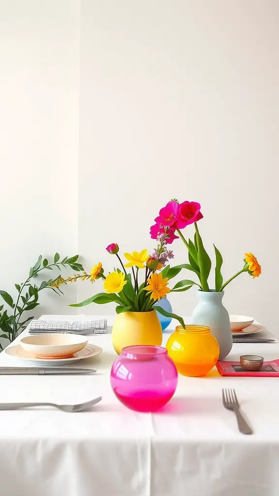 21 Spring Table Decor Ideas That Will Make Every Meal Special! 22 A spring table setting with colorful vases and flowers, featuring a white tablecloth and simple dinnerware.