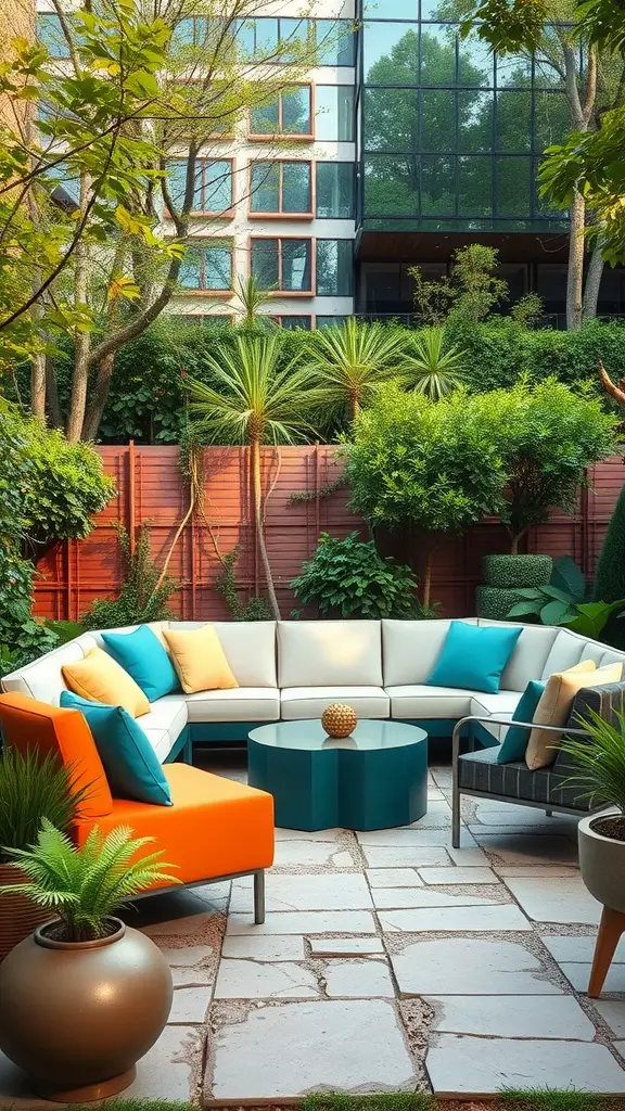 27 Creative DIY Outdoor Sectional Ideas for Your Backyard Retreat 27 A cozy outdoor sectional with colorful cushions, surrounded by greenery and a modern urban backdrop.