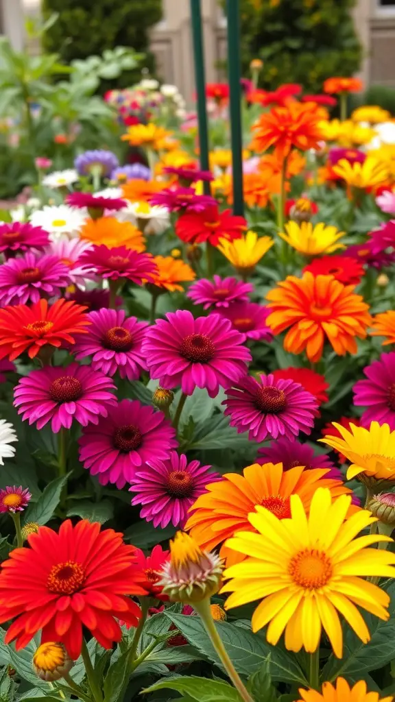 31 Stunning Formal Garden Designs You’ll Love 8 A vibrant garden filled with colorful flowers in shades of red, orange, pink, and yellow.