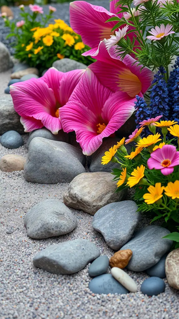 A close-up view of a Zen garden featuring pink and yellow flowers, gray stones, and sandy textures.